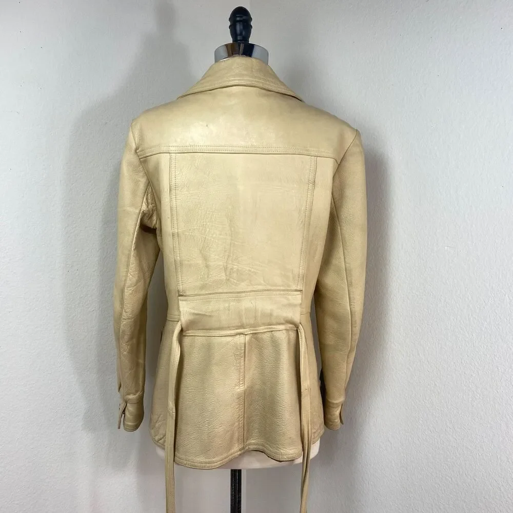 Vintage 70 New England Sportswear Trench Beige Leather Jacket 12 Snap Front Belt